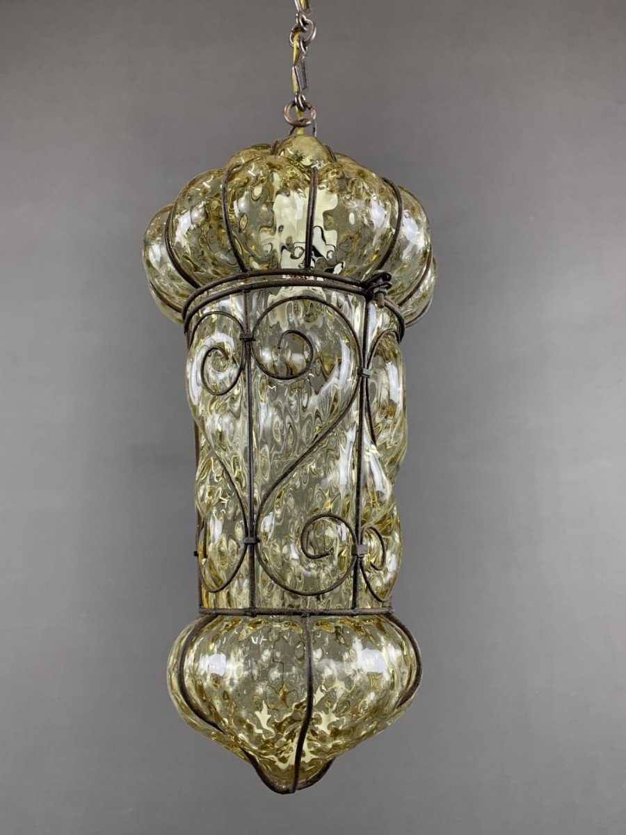 Suspension Lanterne En Métal Et Verre De Murano Du XIXe Siècle-photo-3
