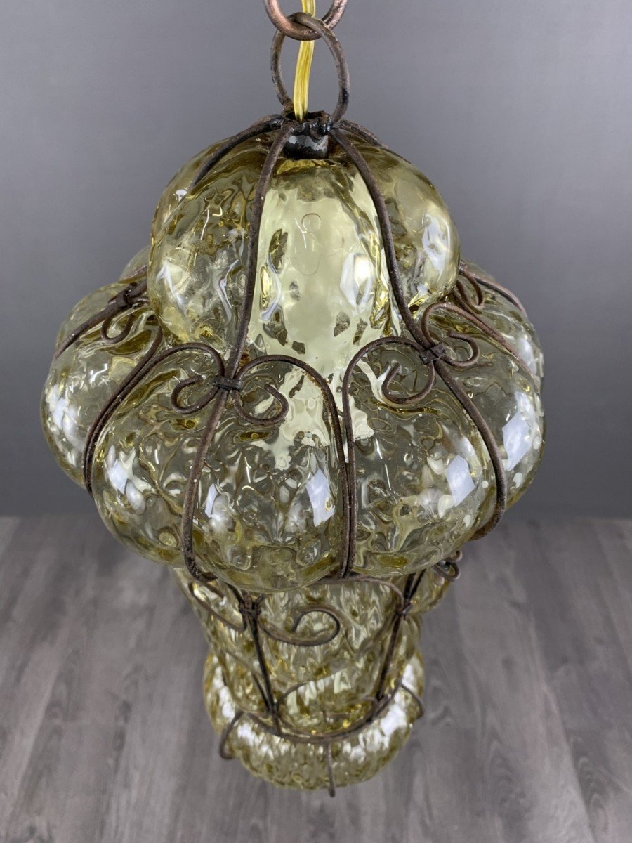 Suspension Lanterne En Métal Et Verre De Murano Du XIXe Siècle-photo-4