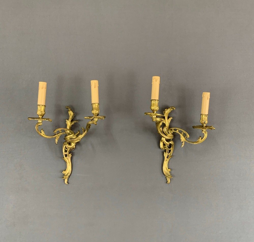 Pair Of Louis XV Style Sconces In Gilt Bronze 20th Century 