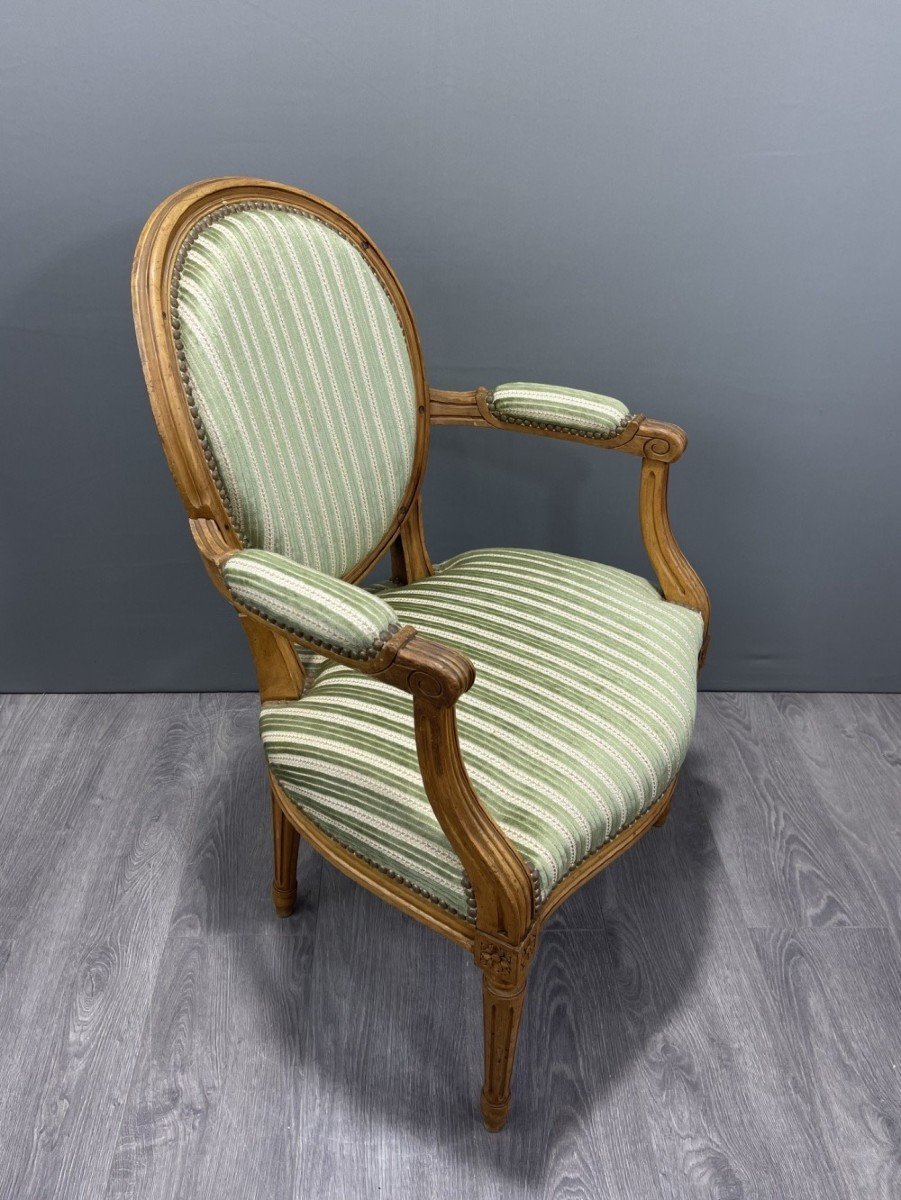 Paire De Fauteuils De Style Louis XVI Avec Tissu Rayé Vert XXe Siècle-photo-3