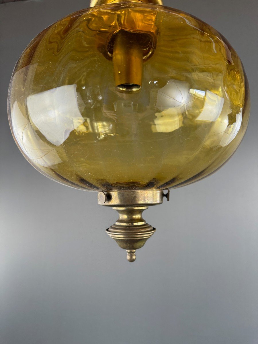 Paire De Suspensions Lanternes Vintage En Verre Soufflé Ambre, XXe Siècle-photo-1