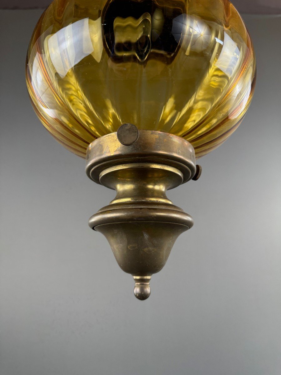 Paire De Suspensions Lanternes Vintage En Verre Soufflé Ambre, XXe Siècle-photo-2
