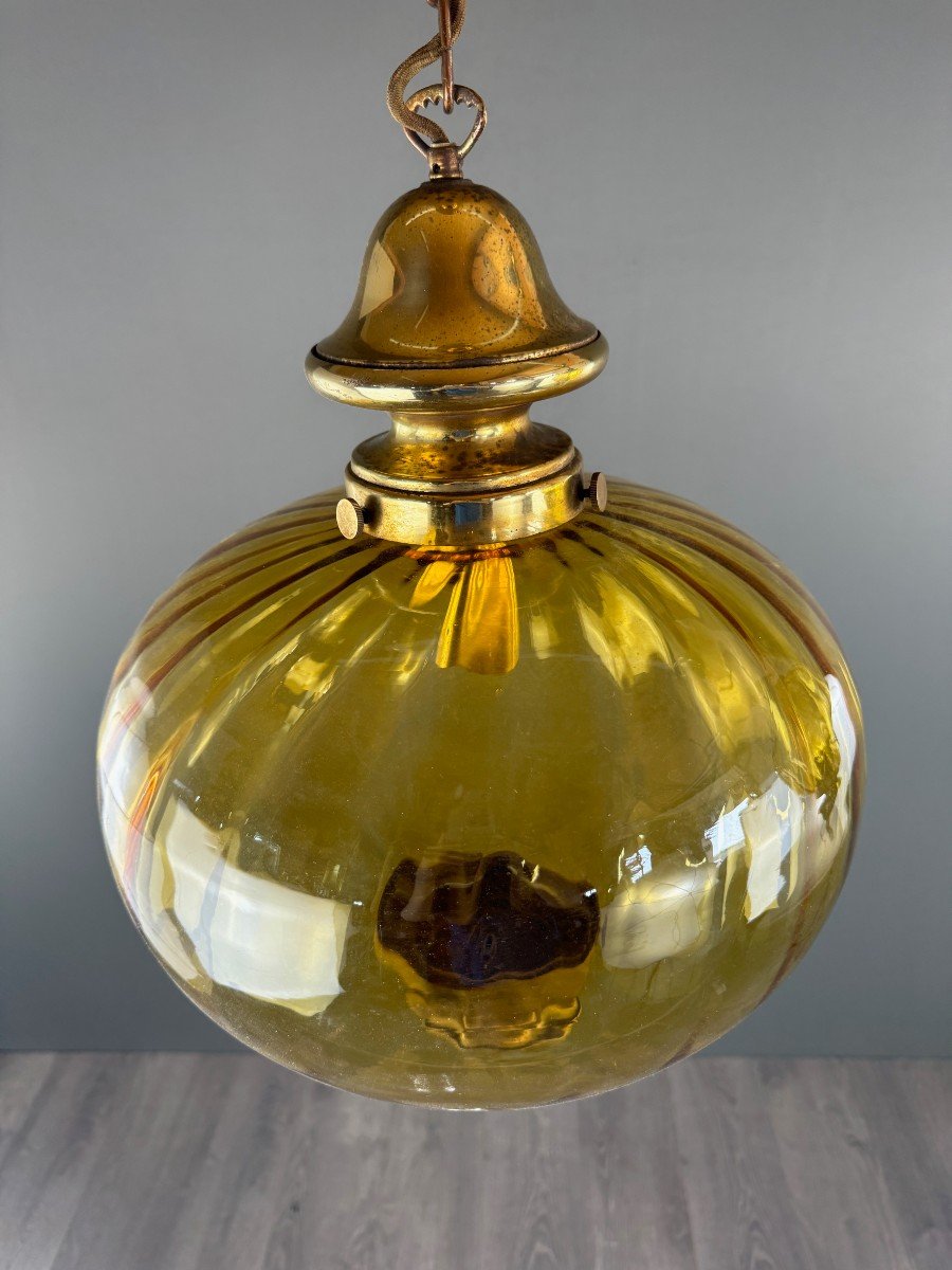 Paire De Suspensions Lanternes Vintage En Verre Soufflé Ambre, XXe Siècle-photo-3