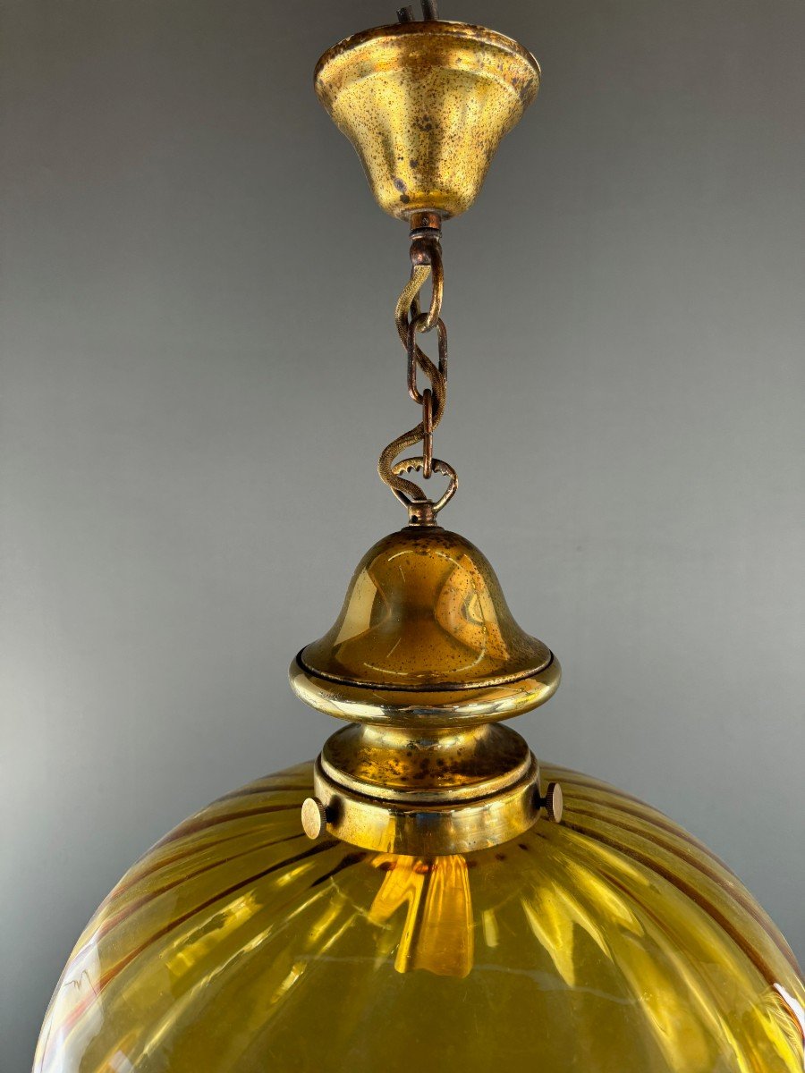 Paire De Suspensions Lanternes Vintage En Verre Soufflé Ambre, XXe Siècle-photo-5