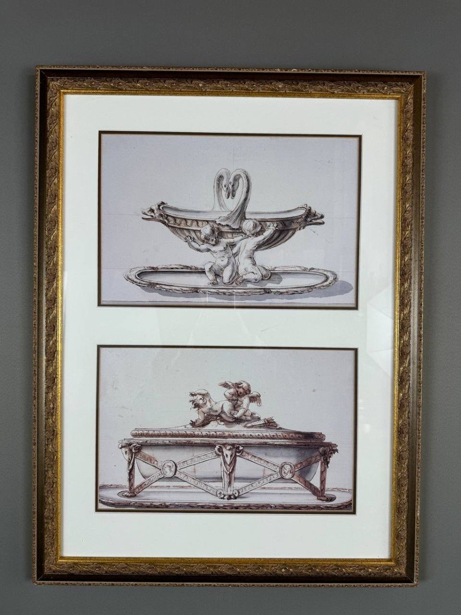 Dessins Au Crayon Et Aquarelle Encadrés, Inspiration D’art Décoratif, XIXe Siècle -photo-2