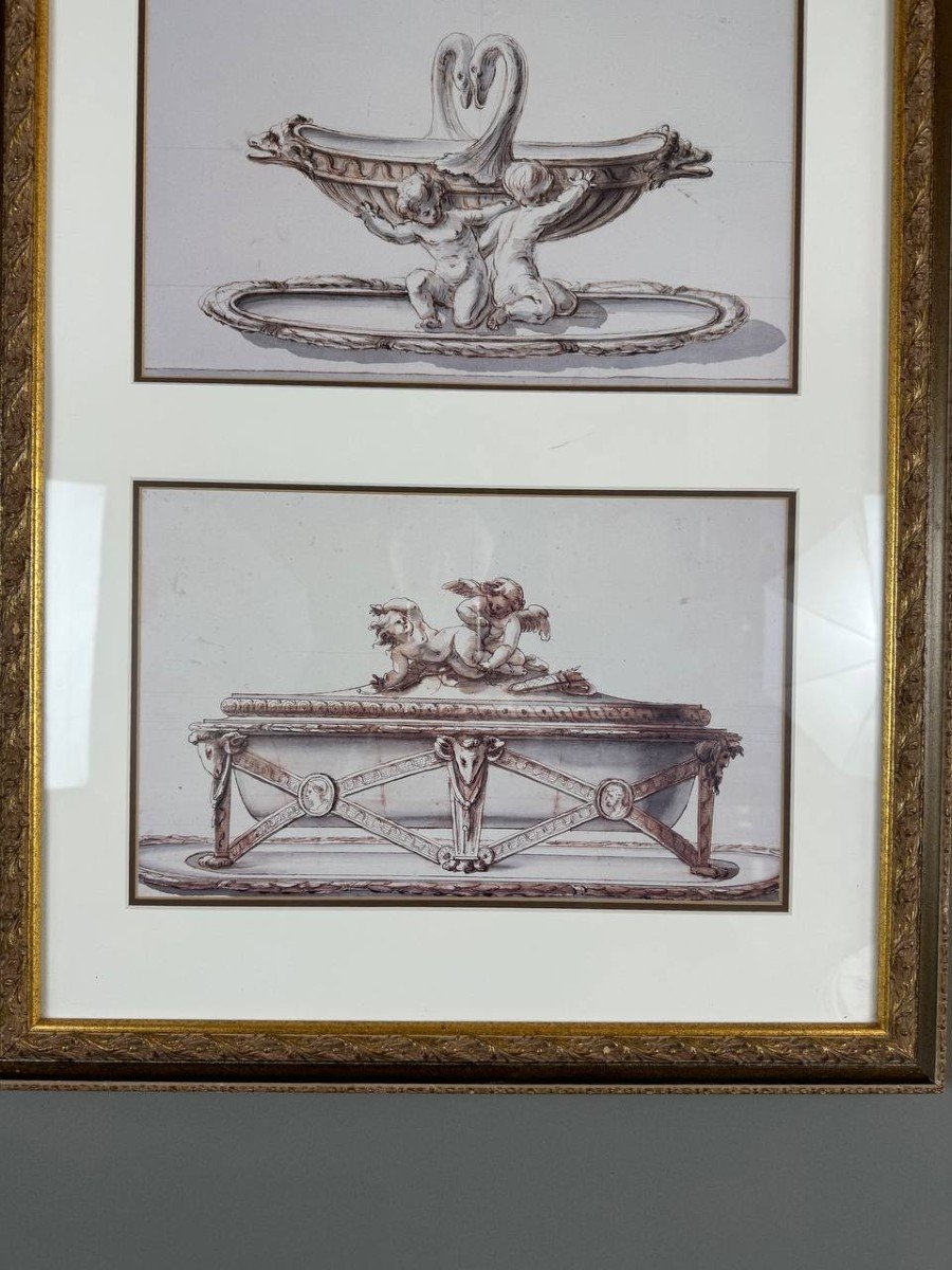 Dessins Au Crayon Et Aquarelle Encadrés, Inspiration D’art Décoratif, XIXe Siècle -photo-1