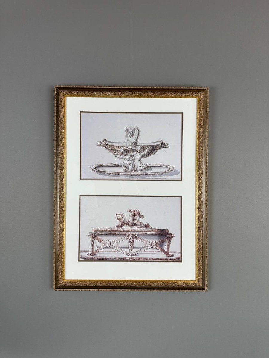 Dessins Au Crayon Et Aquarelle Encadrés, Inspiration D’art Décoratif, XIXe Siècle -photo-3