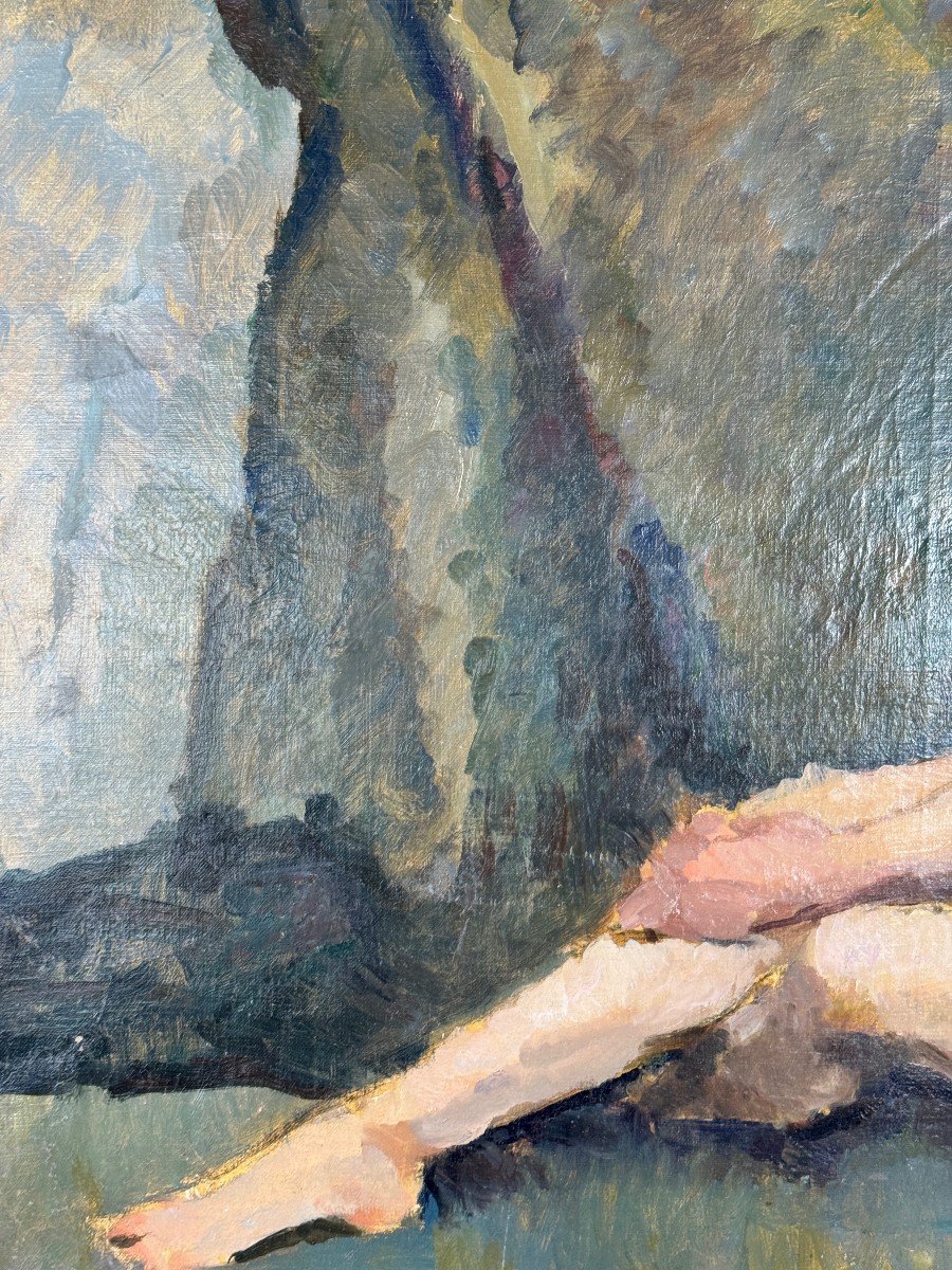 Tableau Huile Sur Toile Nu Assis , Ecole Française, Début Du XXe Siècle-photo-4