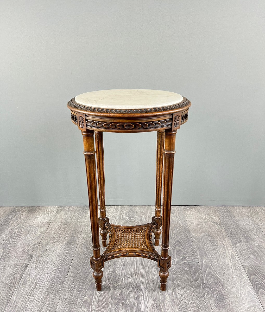 Guéridon De Style Louis XVI , Bois Sculpté & Marbre , Début XXe Siècle