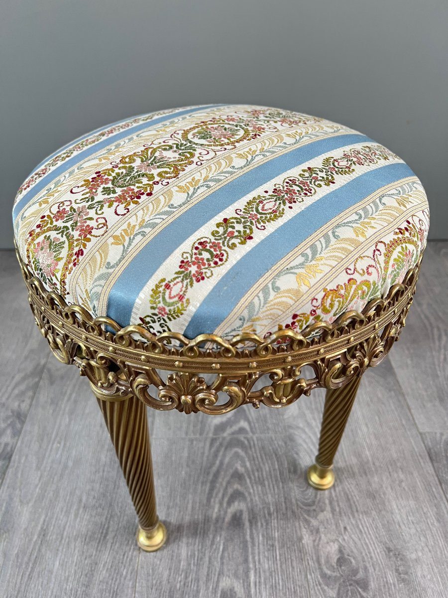 Tabouret Style Louis XVI En Bronze Doré Et Tissu Broché, XXe Siècle-photo-4