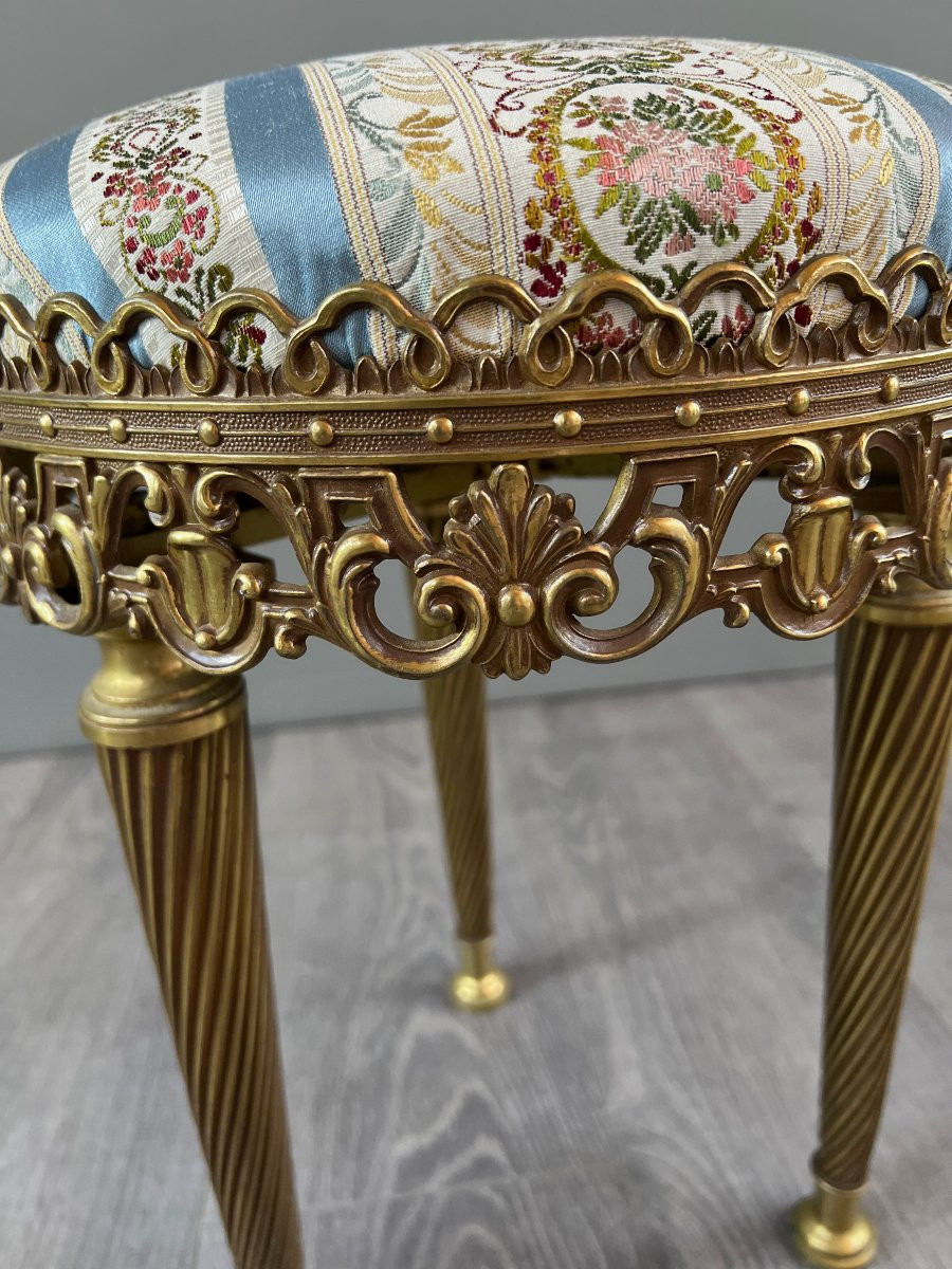Tabouret Style Louis XVI En Bronze Doré Et Tissu Broché, XXe Siècle-photo-5