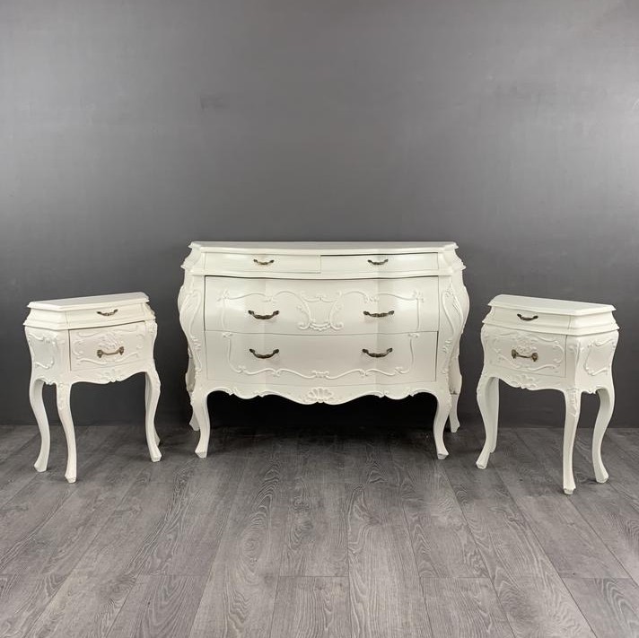 Louis XV Style Bedroom Set, Chest Of Drawers And Two Bedside Tables, 20th Century