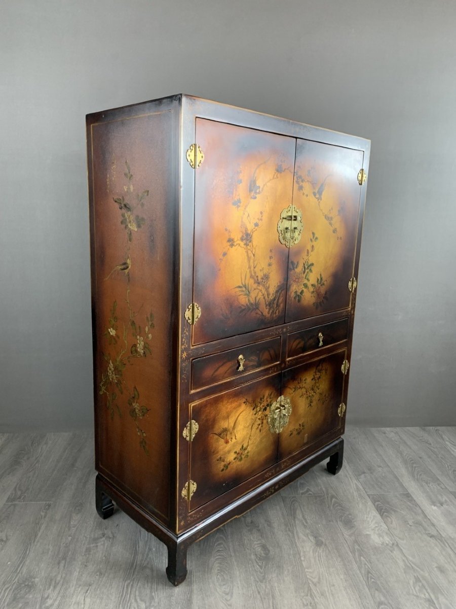 Armoire Cabinet Chinois Laqué Et Peint à La Main, Début XXe Siècle-photo-1