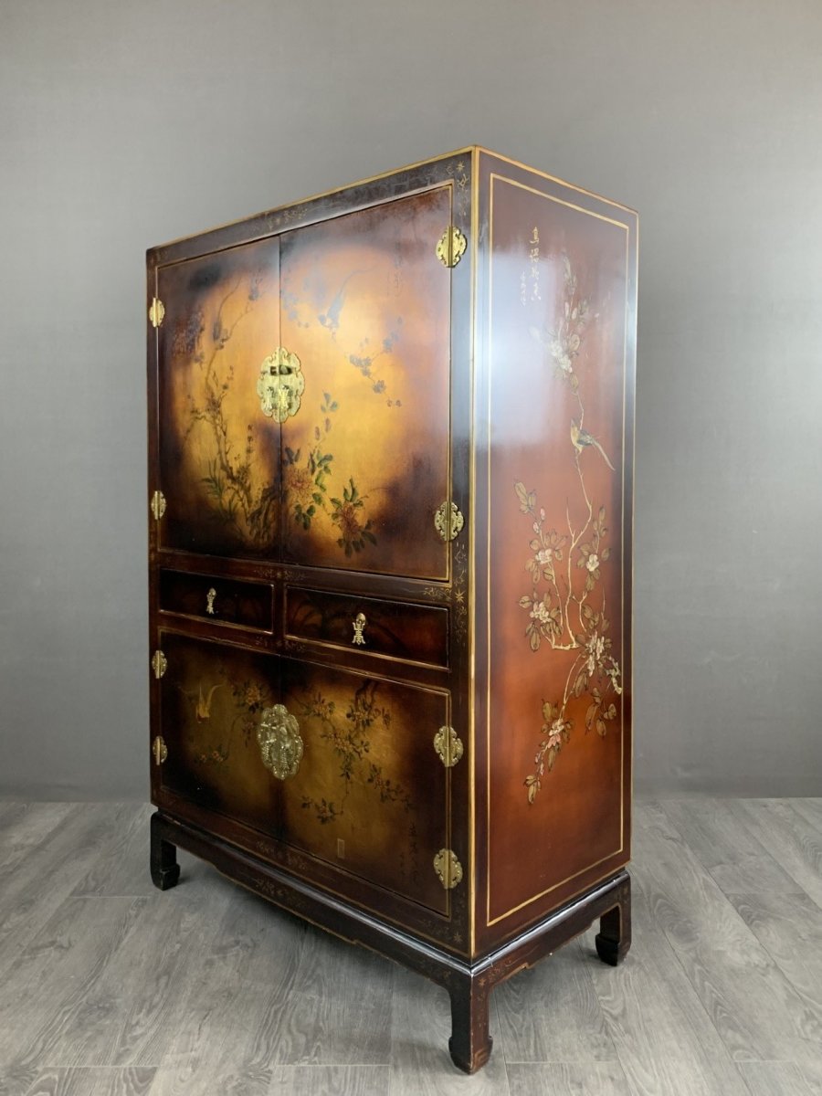Armoire Cabinet Chinois Laqué Et Peint à La Main, Début XXe Siècle-photo-2