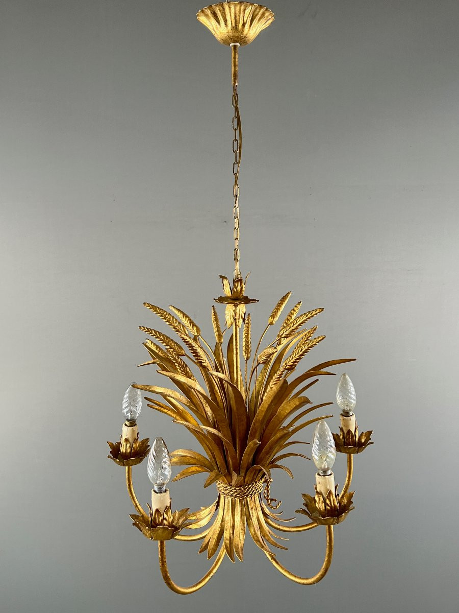 Gilded Metal Chandelier Decorated With Sheaves Of Wheat, 20th Century-photo-2