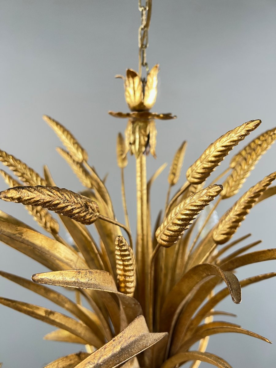 Gilded Metal Chandelier Decorated With Sheaves Of Wheat, 20th Century-photo-1