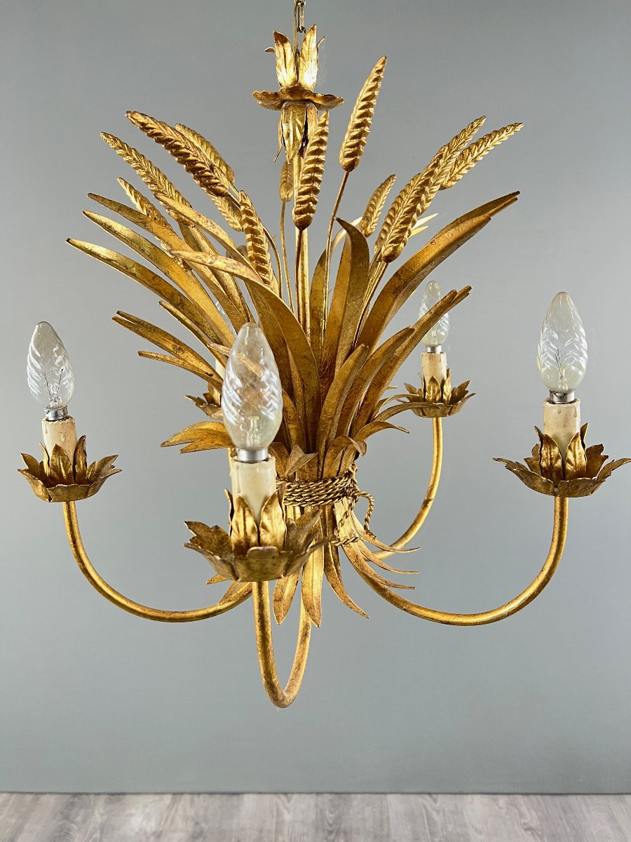 Gilded Metal Chandelier Decorated With Sheaves Of Wheat, 20th Century-photo-2