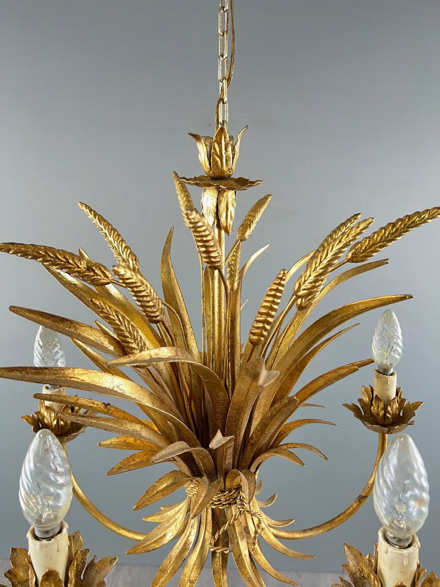 Gilded Metal Chandelier Decorated With Sheaves Of Wheat, 20th Century-photo-5
