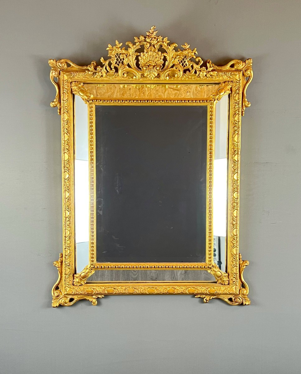 Grand miroir à fronton en bois doré, XIXe siècle-photo-3