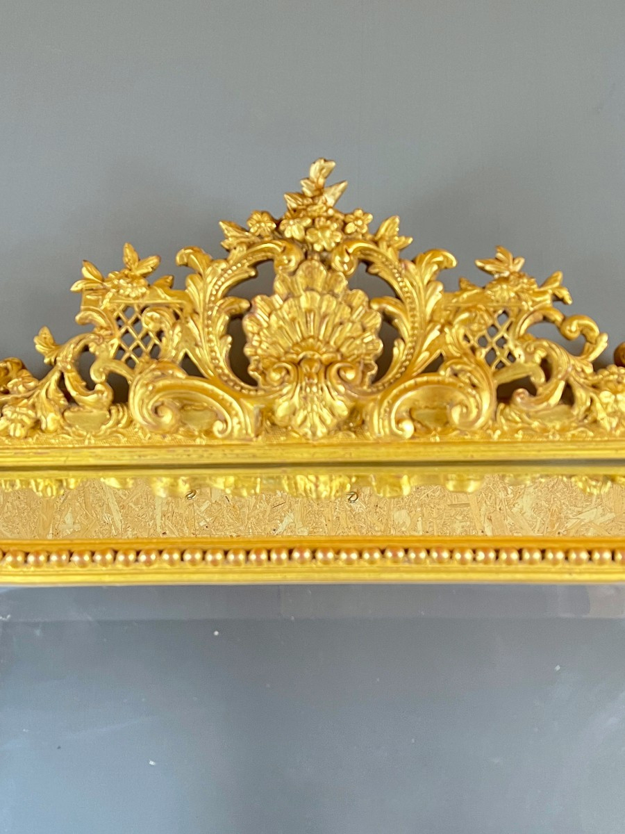 Grand miroir à fronton en bois doré, XIXe siècle-photo-4