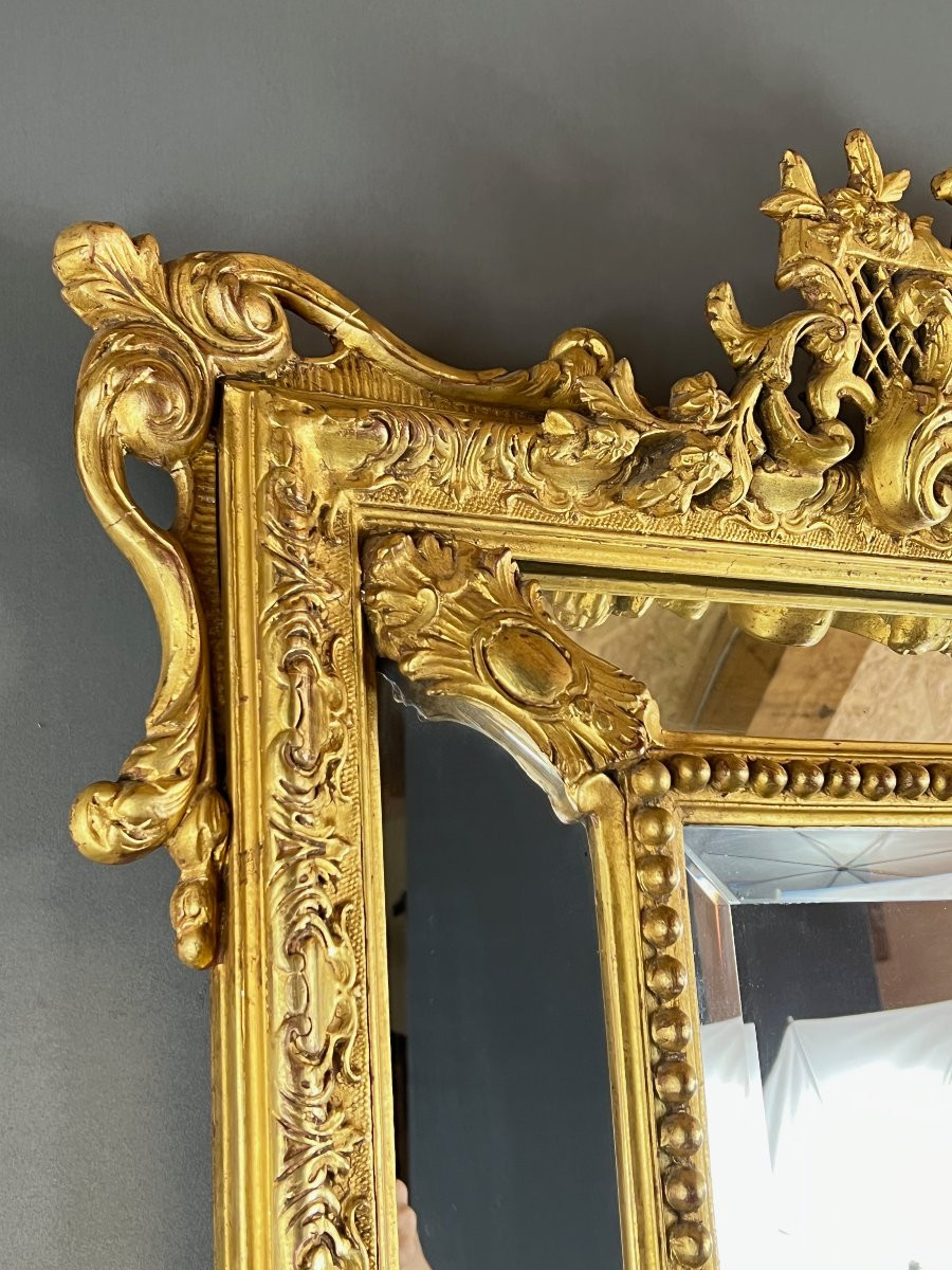 Grand miroir à fronton en bois doré, XIXe siècle-photo-1
