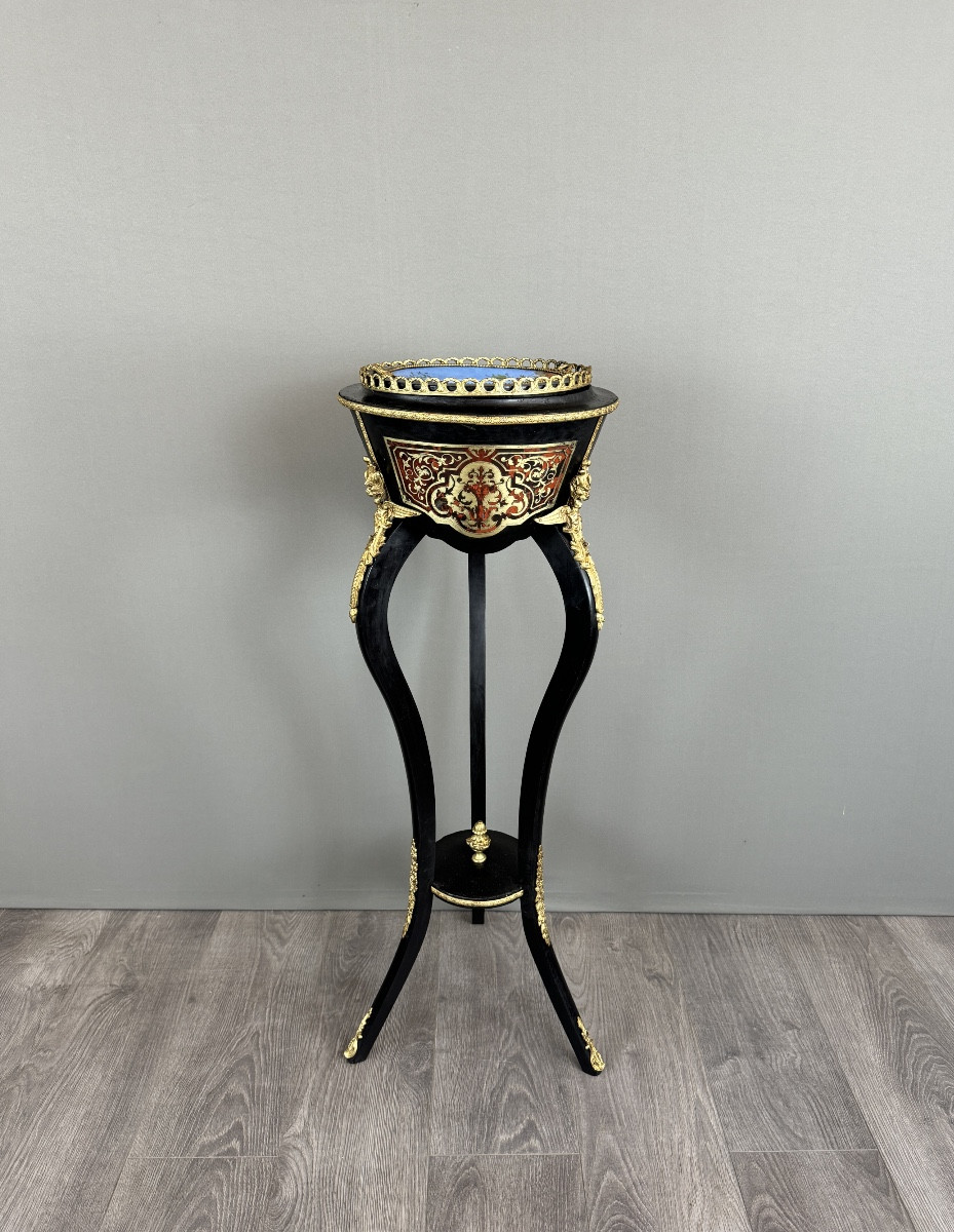 Jardinière Napoléon III en bois noirci, bronze doré et porcelaine peinte à la main, XIXe siècle