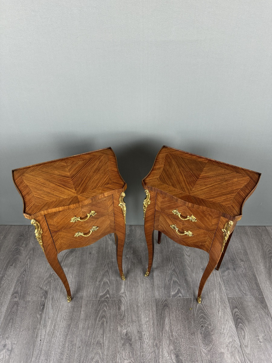 Paire de tables de chevet en marqueterie, style Louis XV, fin XIXe siècle-photo-2
