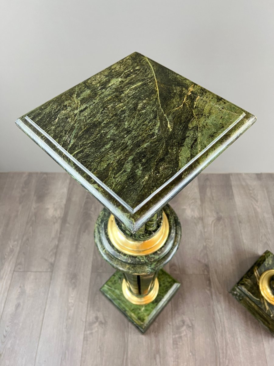 Paire de colonnes piédestaux en marbre vert et bronze doré, XIXe Siècle -photo-2