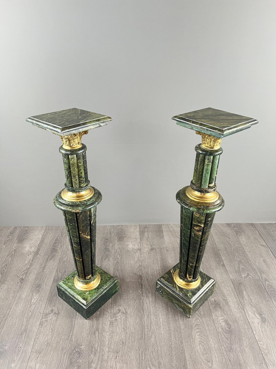 Paire de colonnes piédestaux en marbre vert et bronze doré, XIXe Siècle -photo-3