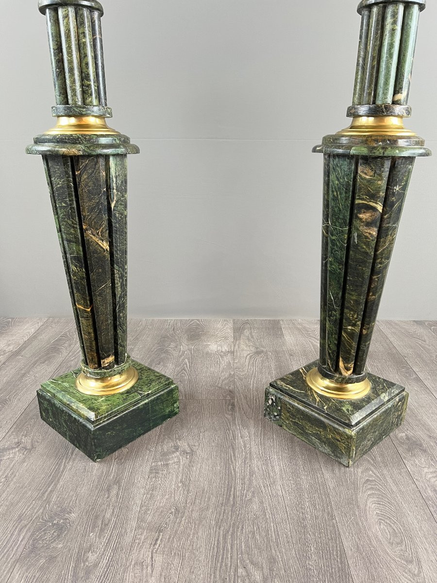 Paire de colonnes piédestaux en marbre vert et bronze doré, XIXe Siècle -photo-4