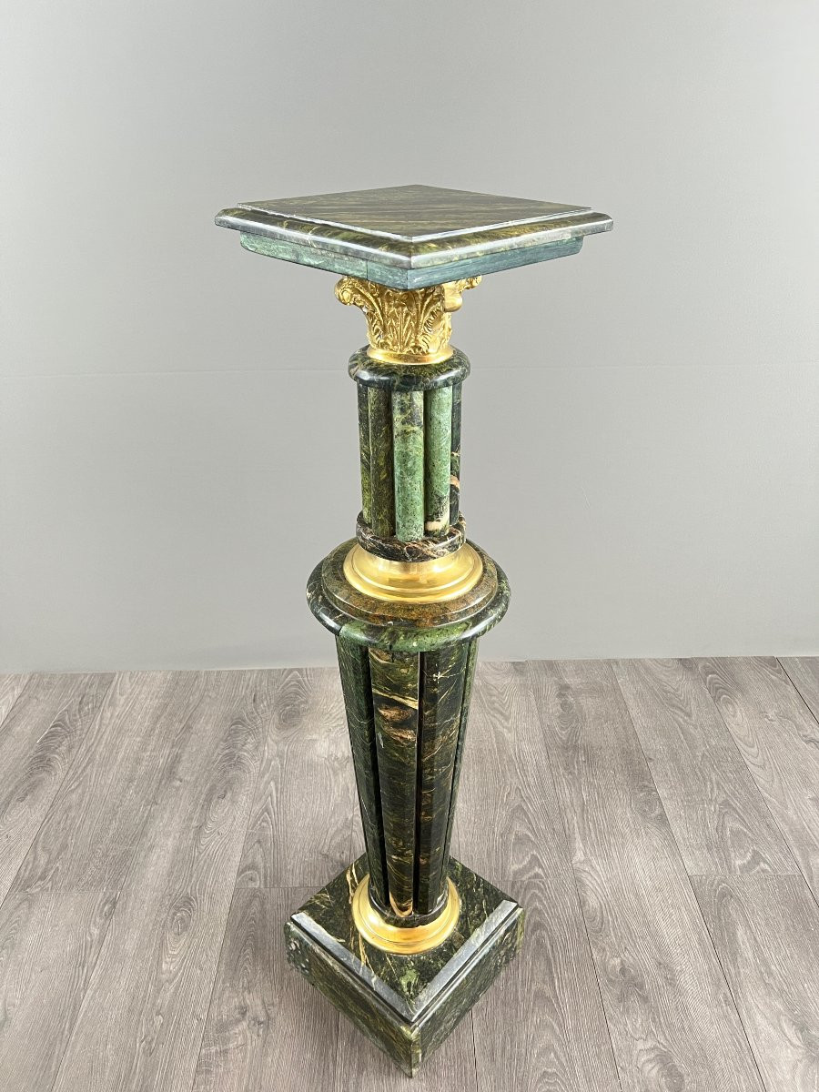 Paire de colonnes piédestaux en marbre vert et bronze doré, XIXe Siècle -photo-5