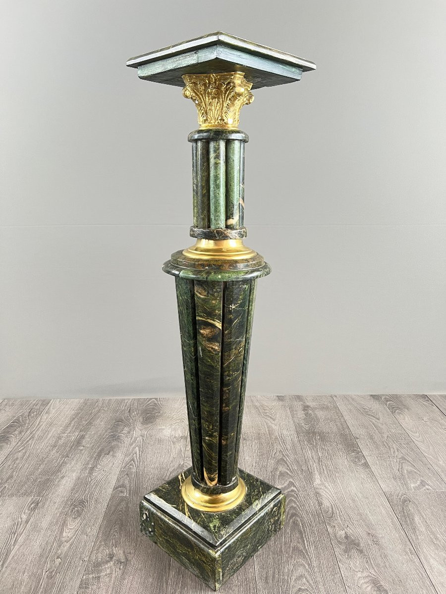 Paire de colonnes piédestaux en marbre vert et bronze doré, XIXe Siècle -photo-6