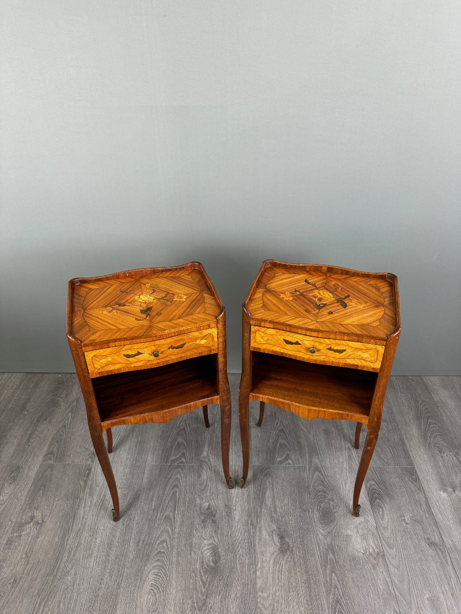 Pair Of Marquetry Bedside Tables, 20th Century-photo-2