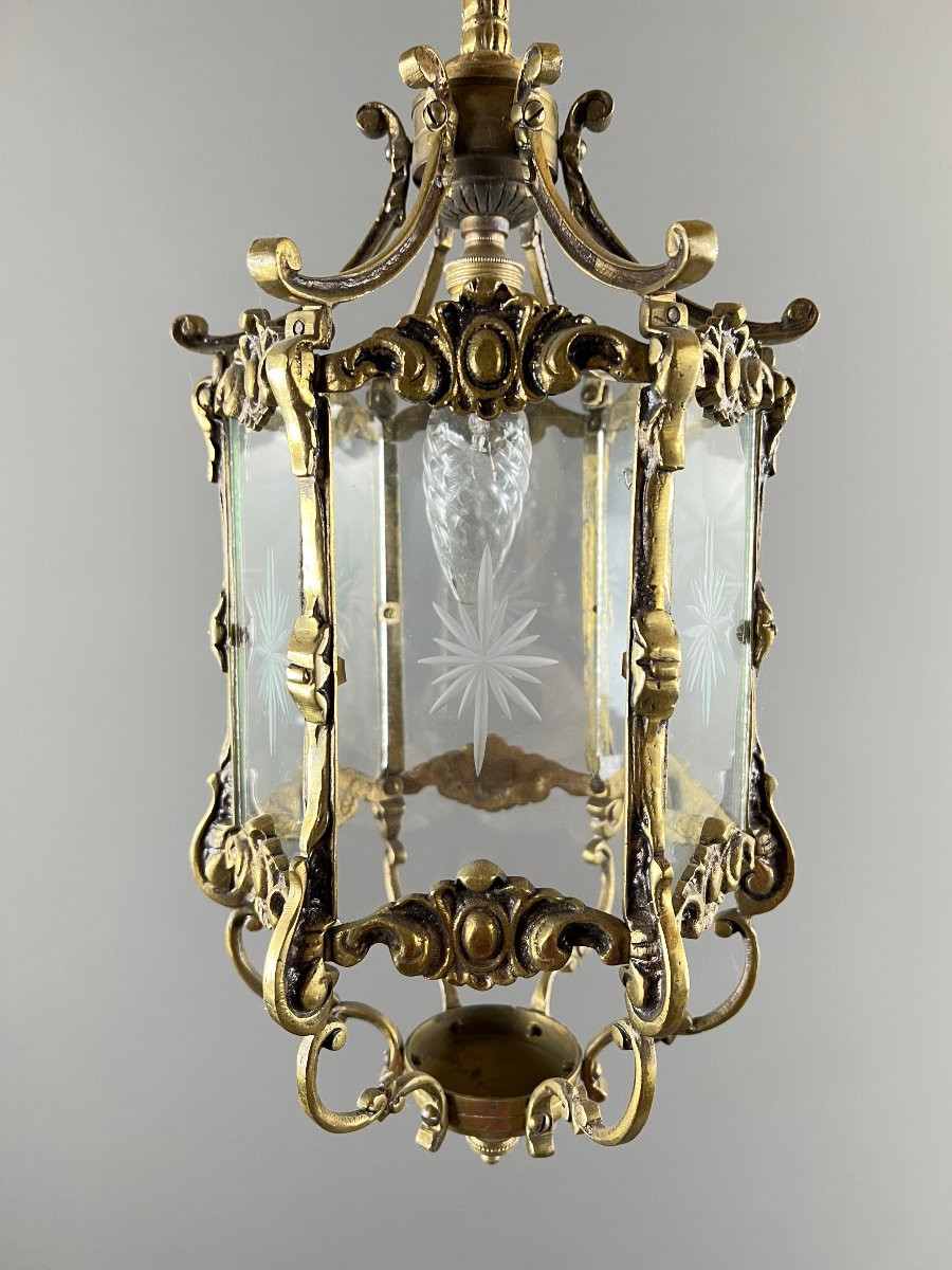 Lanterne en bronze et verre gravé, début du XXᵉ siècle-photo-6