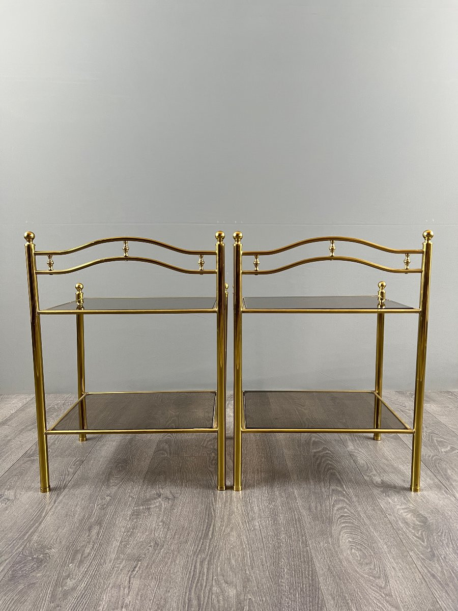 Pair Of Bedside Tables, Side Tables In Brass And Smoked Glass, 20th Century-photo-4