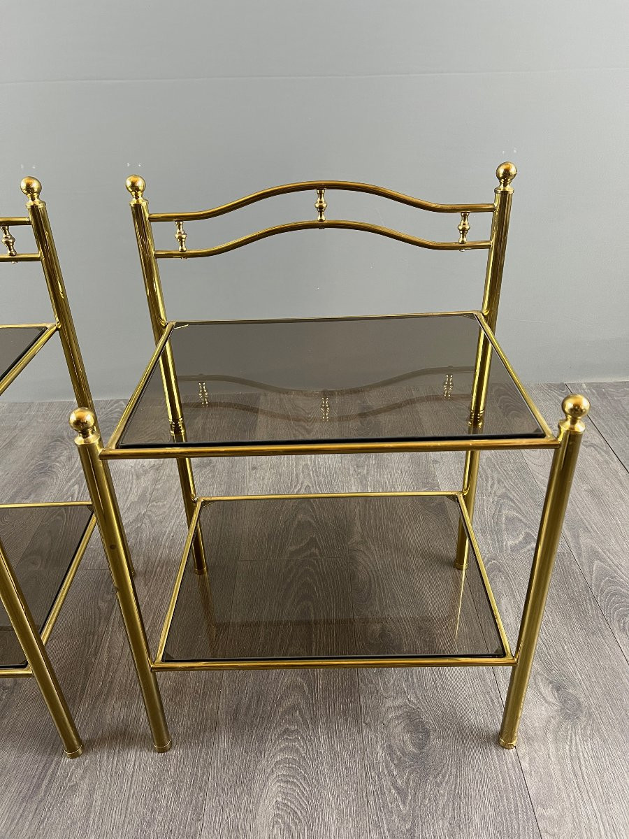 Pair Of Bedside Tables, Side Tables In Brass And Smoked Glass, 20th Century-photo-2