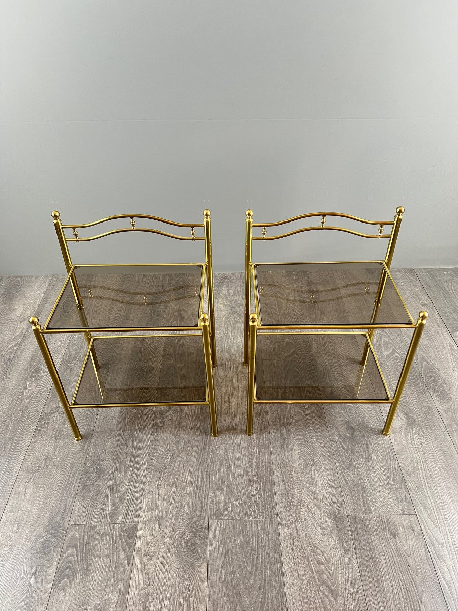 Pair Of Bedside Tables, Side Tables In Brass And Smoked Glass, 20th Century-photo-4