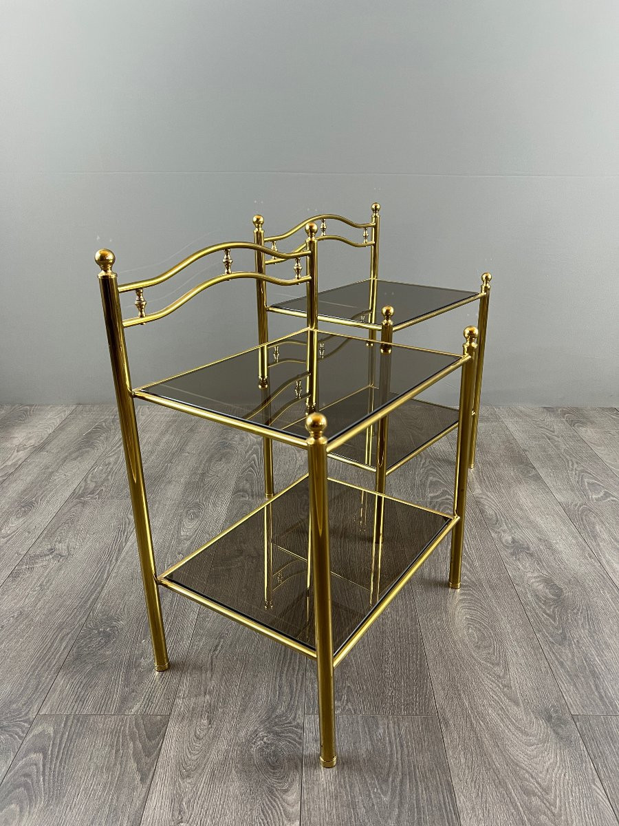 Pair Of Bedside Tables, Side Tables In Brass And Smoked Glass, 20th Century-photo-5