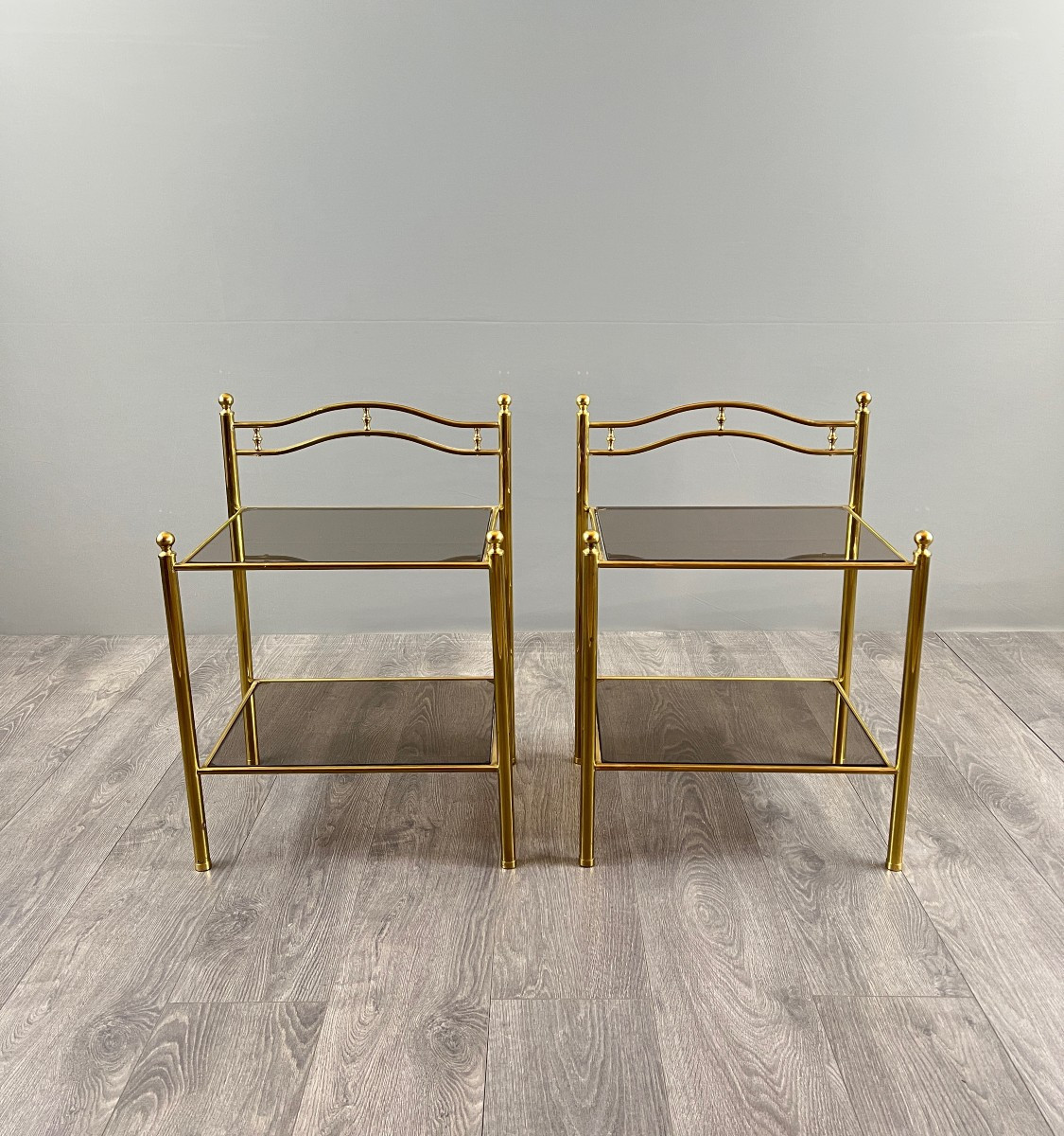 Pair Of Bedside Tables, Side Tables In Brass And Smoked Glass, 20th Century