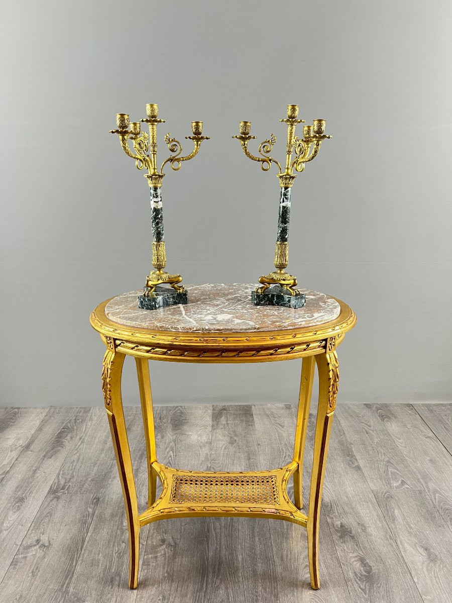 Pair Of Gilt Bronze And Green Marble Candelabra, 19th Century-photo-6