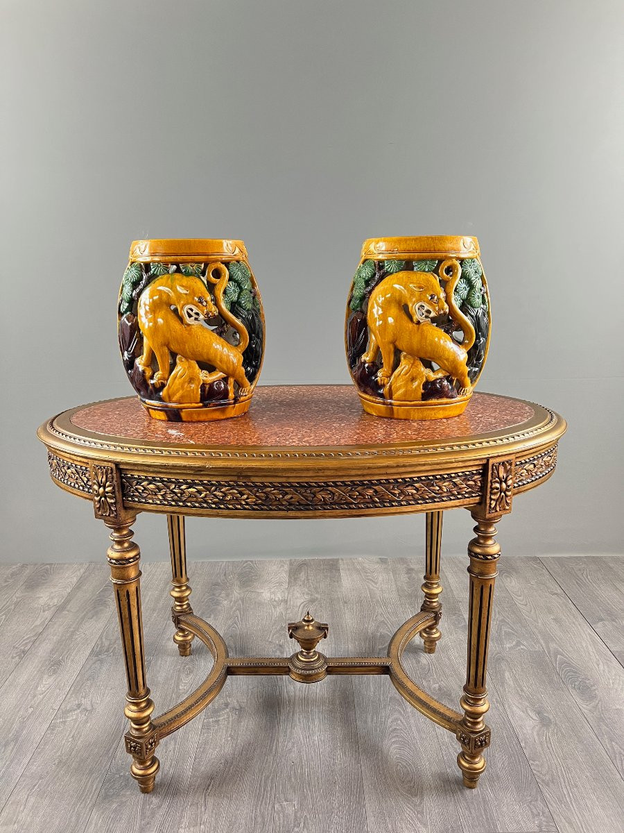 Pair Of Chinese Sancai Ceramic Garden Stools Decorated With Tigers, 20th Century-photo-3