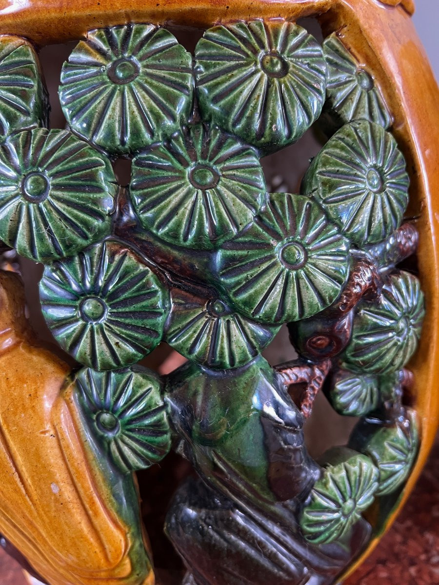 Pair Of Chinese Sancai Ceramic Garden Stools Decorated With Tigers, 20th Century-photo-1