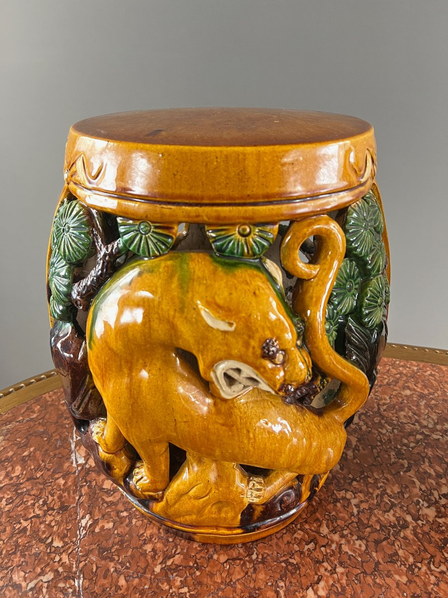 Pair Of Chinese Sancai Ceramic Garden Stools Decorated With Tigers, 20th Century-photo-4