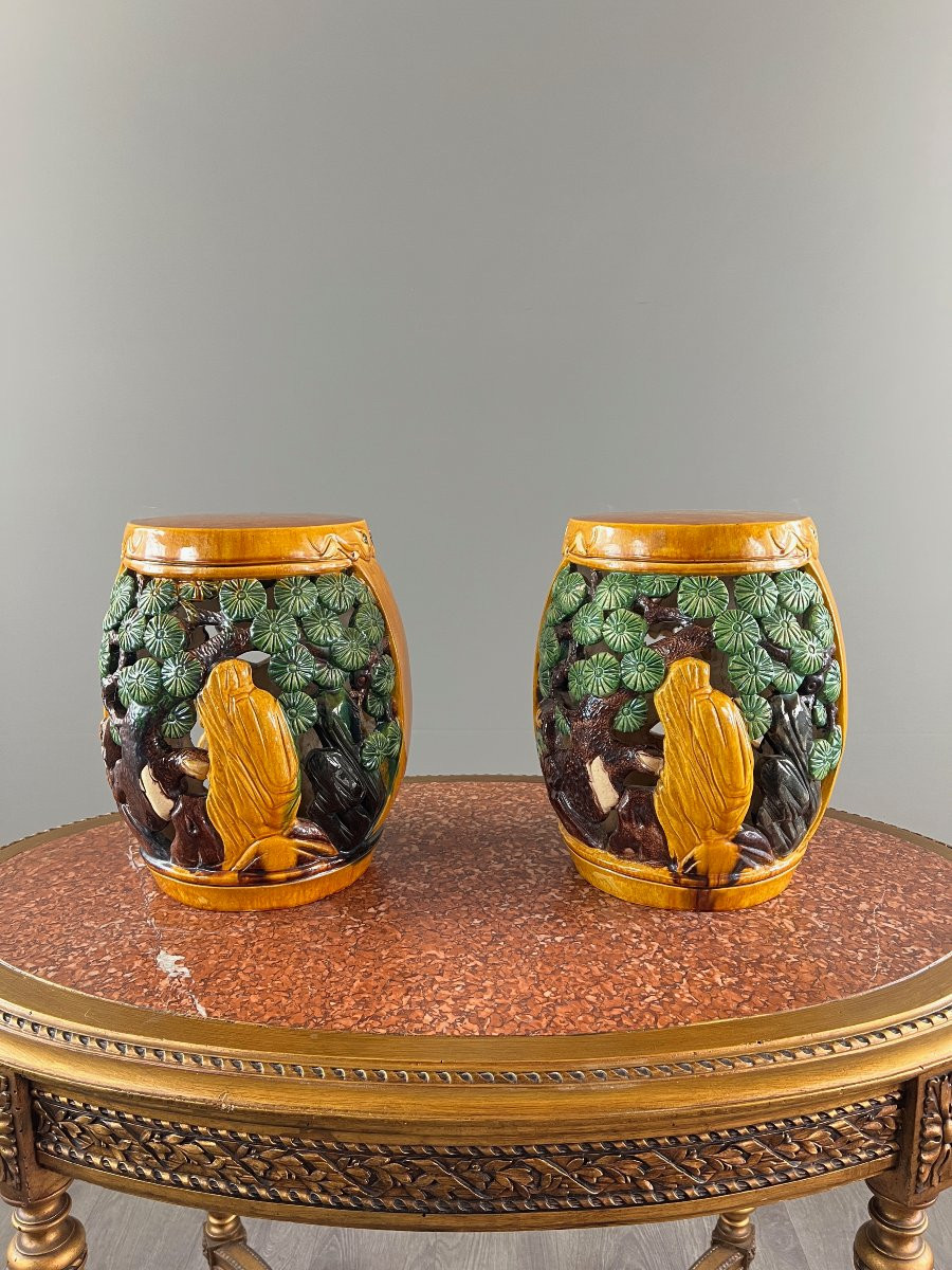 Pair Of Chinese Sancai Ceramic Garden Stools Decorated With Tigers, 20th Century-photo-5