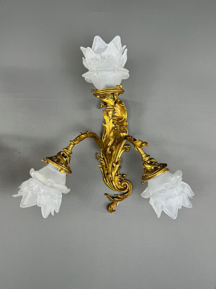 Pair Of Rococo Style Gilt Bronze Wall Sconces, Late 19th Century-photo-3