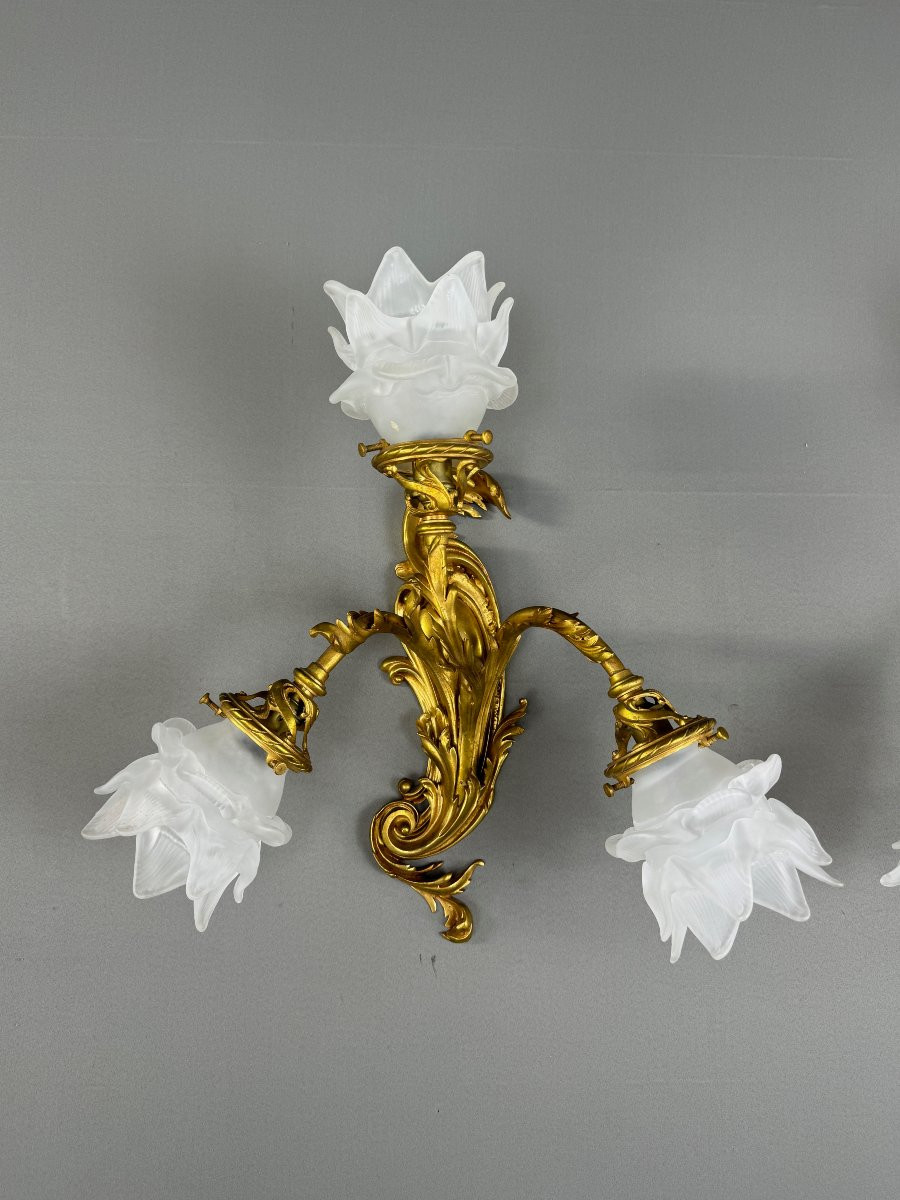 Pair Of Rococo Style Gilt Bronze Wall Sconces, Late 19th Century-photo-1