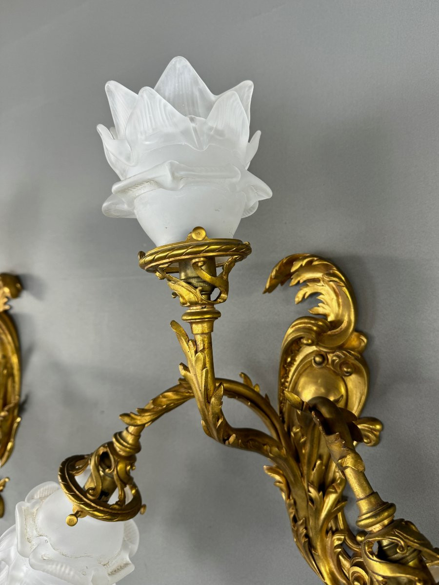 Pair Of Rococo Style Gilt Bronze Wall Sconces, Late 19th Century-photo-3