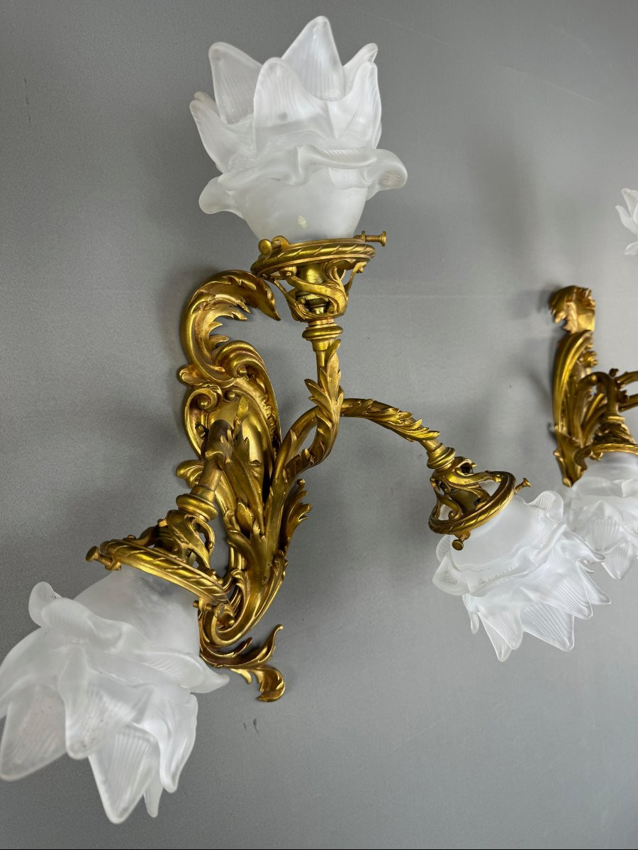 Pair Of Rococo Style Gilt Bronze Wall Sconces, Late 19th Century-photo-4