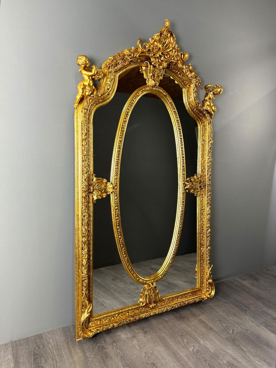 Grand miroir style Louis XV en bois sculpté et doré, XIXe siècle-photo-2