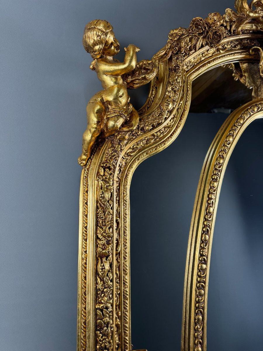 Grand miroir style Louis XV en bois sculpté et doré, XIXe siècle-photo-4